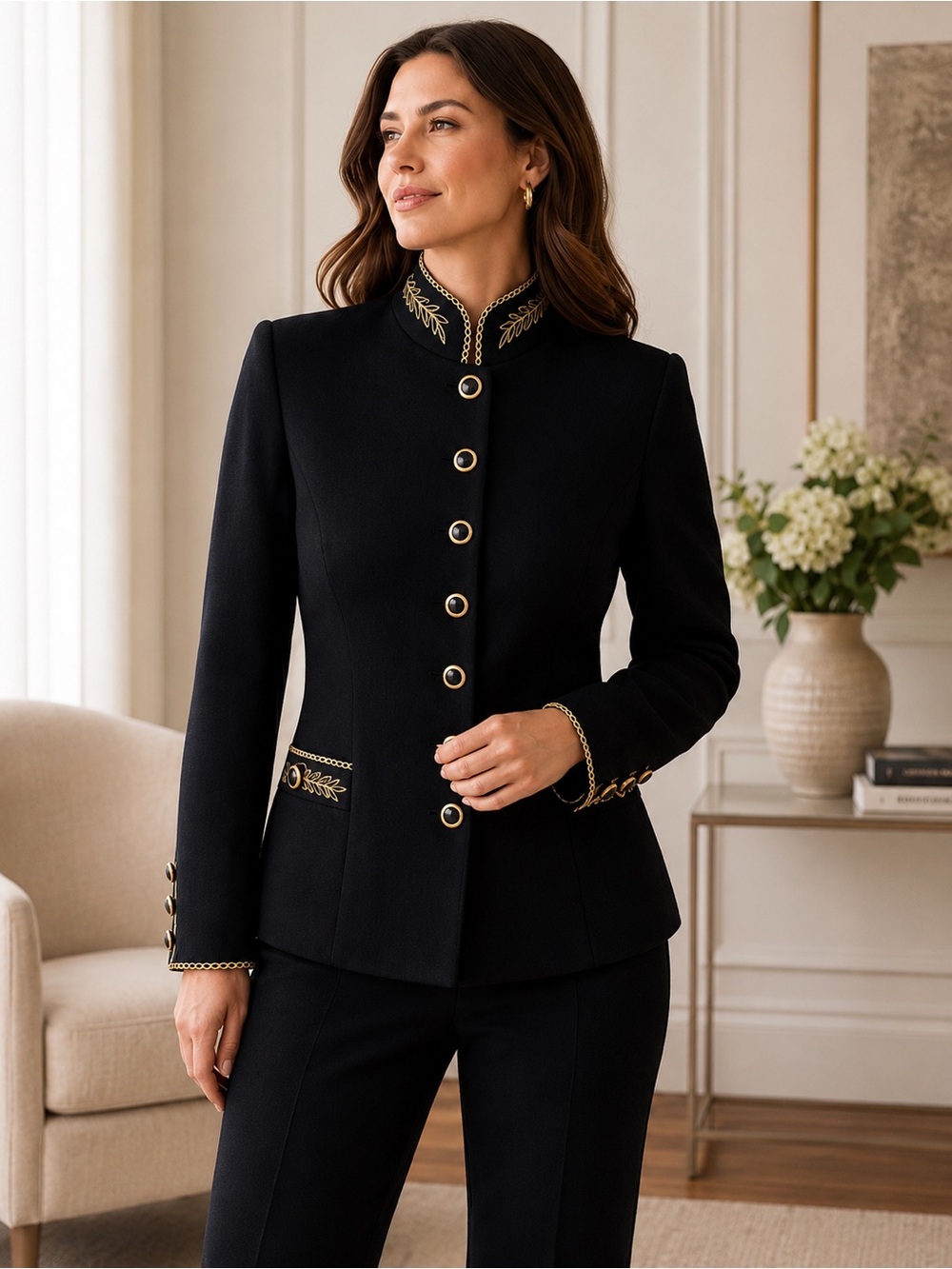 St John Collection Santana Knit Mandarin Collar Embroidered Jacket Gold Trim 4